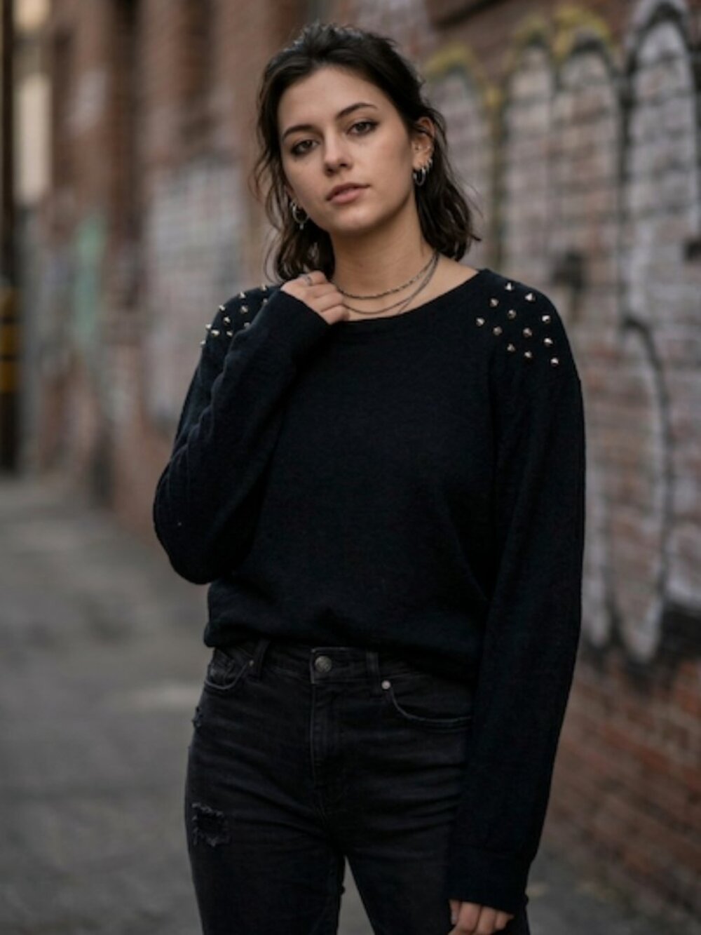 Moon Collection Studded Shoulder Sweater Edgy Grunge Black Medium